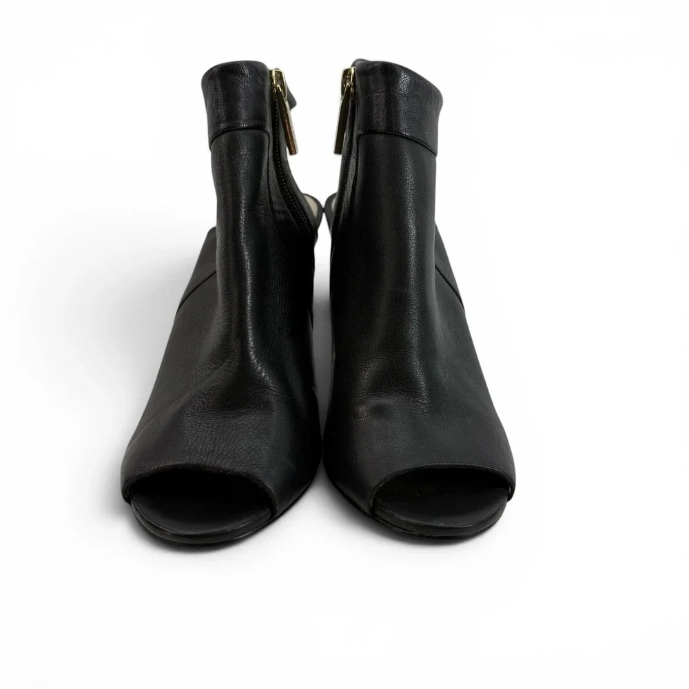 Louise et Cie Black Leather Peep Toe‎ Slingback Booties Gold Zip Heels 6.5M